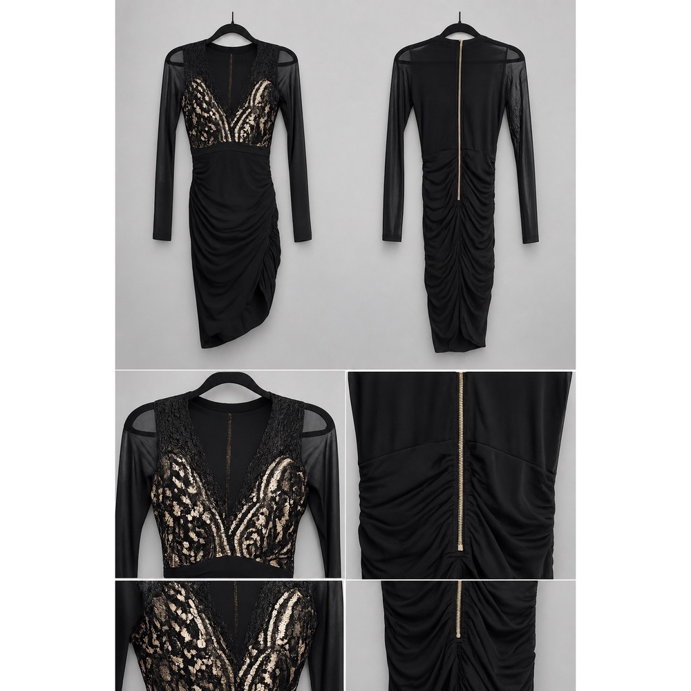 Privy Black Lace Mesh Bodycon Dress Long Sleeve Ruched Asymmetrical Hem Small